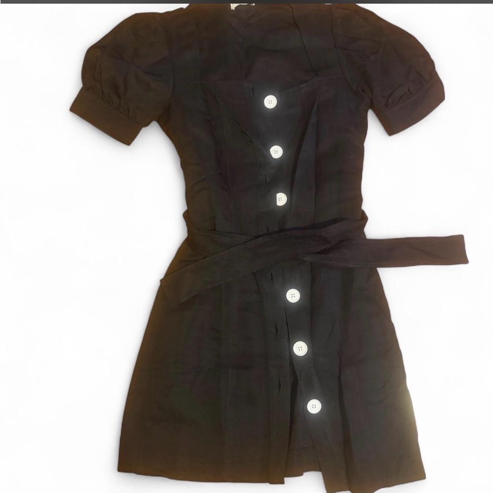 Black Short-Sleeve Button Front Mini Dress with Waist Tie